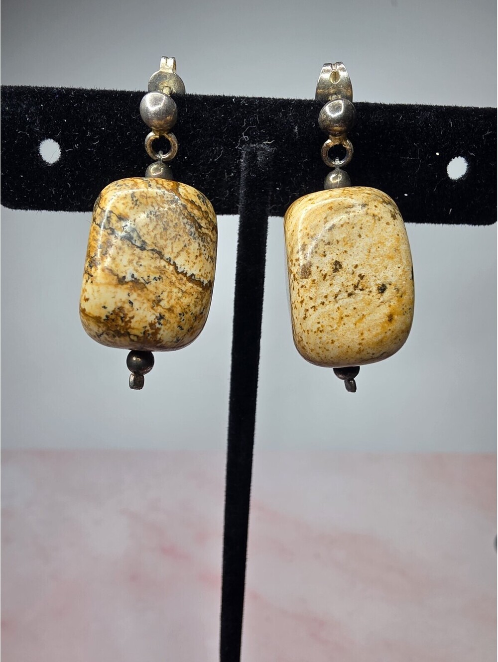 Vintage Natural Picture Jasper Dangle Drop Post Earrings